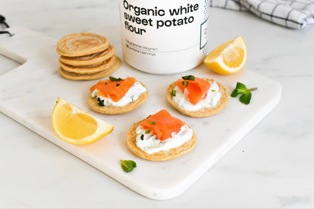 Blinis à la farine de patate douce et tzatziki maison